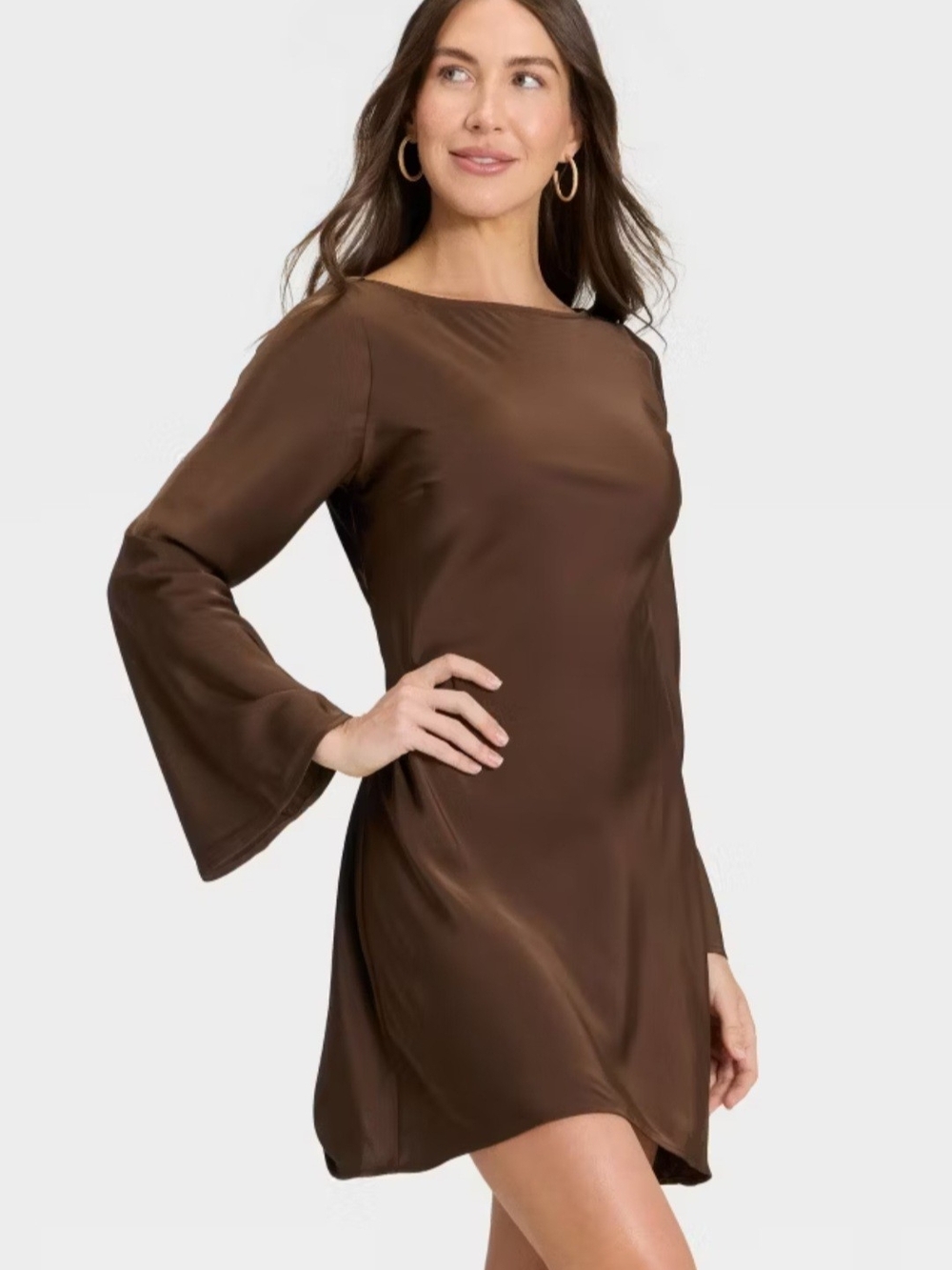 a new day Brown Bell-Sleeve Satin Shift Dress